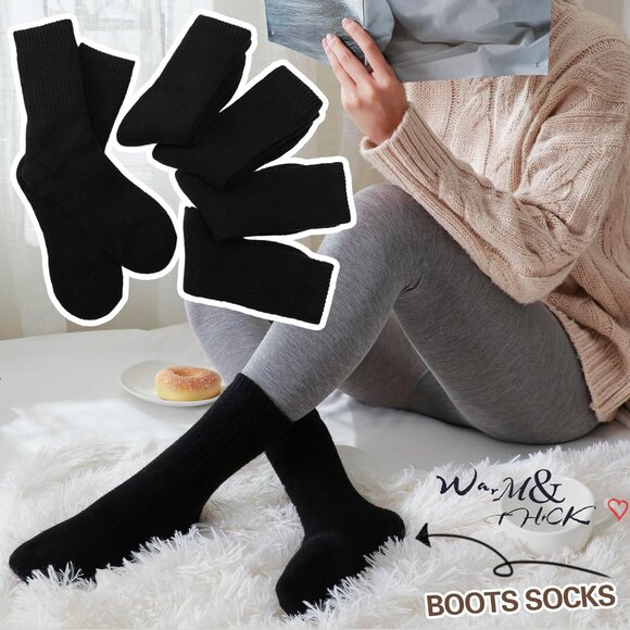 Women's Black Merino Winter Thermal Thick Warm Hiking Crew Cozy Comfy Work Socks - Picture 6 of 7